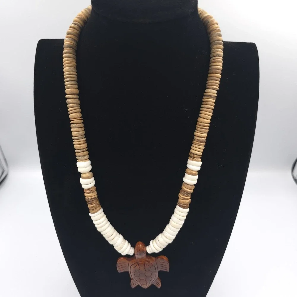 Puka Shell Necklace Hand Carved Wood Sea Turtle Pendant Brown White